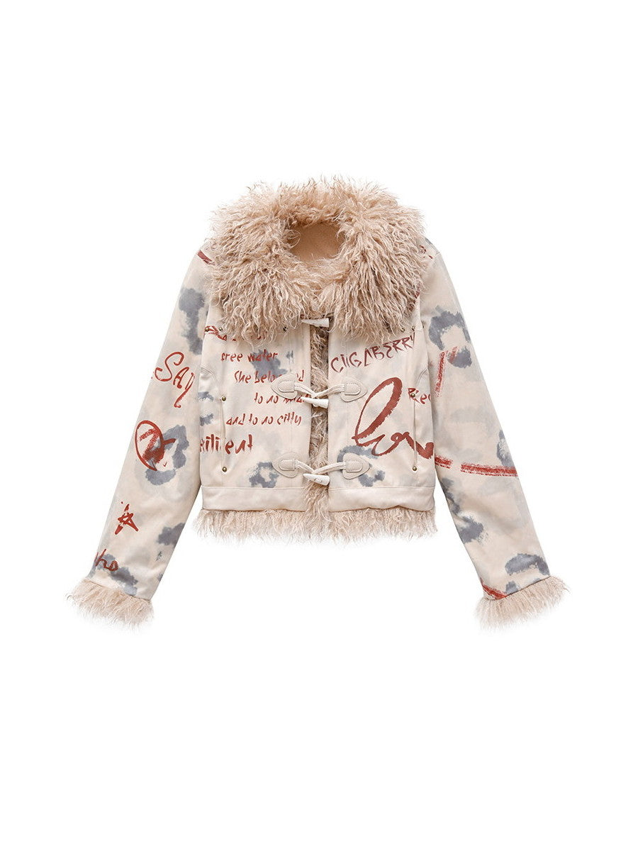 Paint Leather Fur Toggle-Button Vintage Jacket