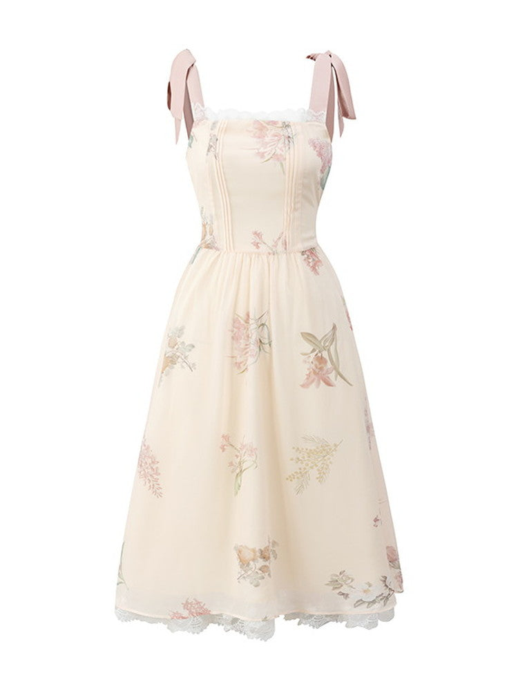 Shoulder-Ribbon Long Flower Lace Feminine Dress