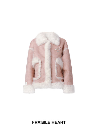 Fur Big-Pocket Retro Box-Pleats Leatner-Jacket＆Mini-Skirt