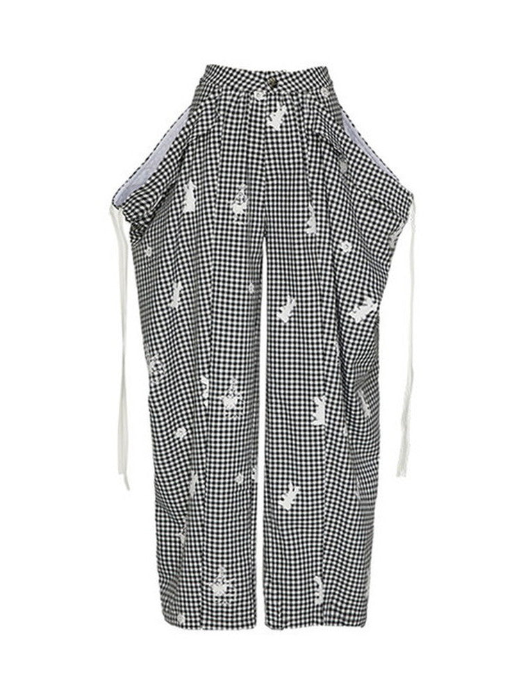 Lace Gingham-Checked Girly Loose Camisole Casual Dress＆Pants