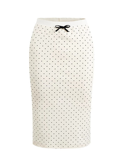 Knit Stretch Dot Ribbon Girly Tight Casual Retro Middle Pencil-Skirt