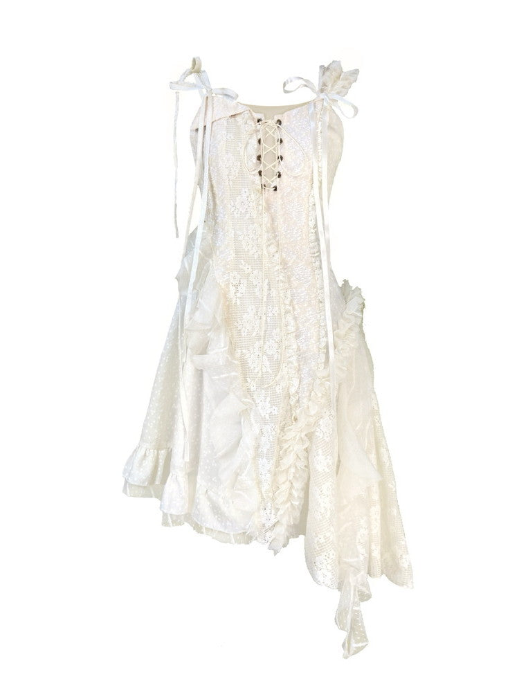 Flower Lace Frill Lace-Up Asymmetry Retro Fancy Dress