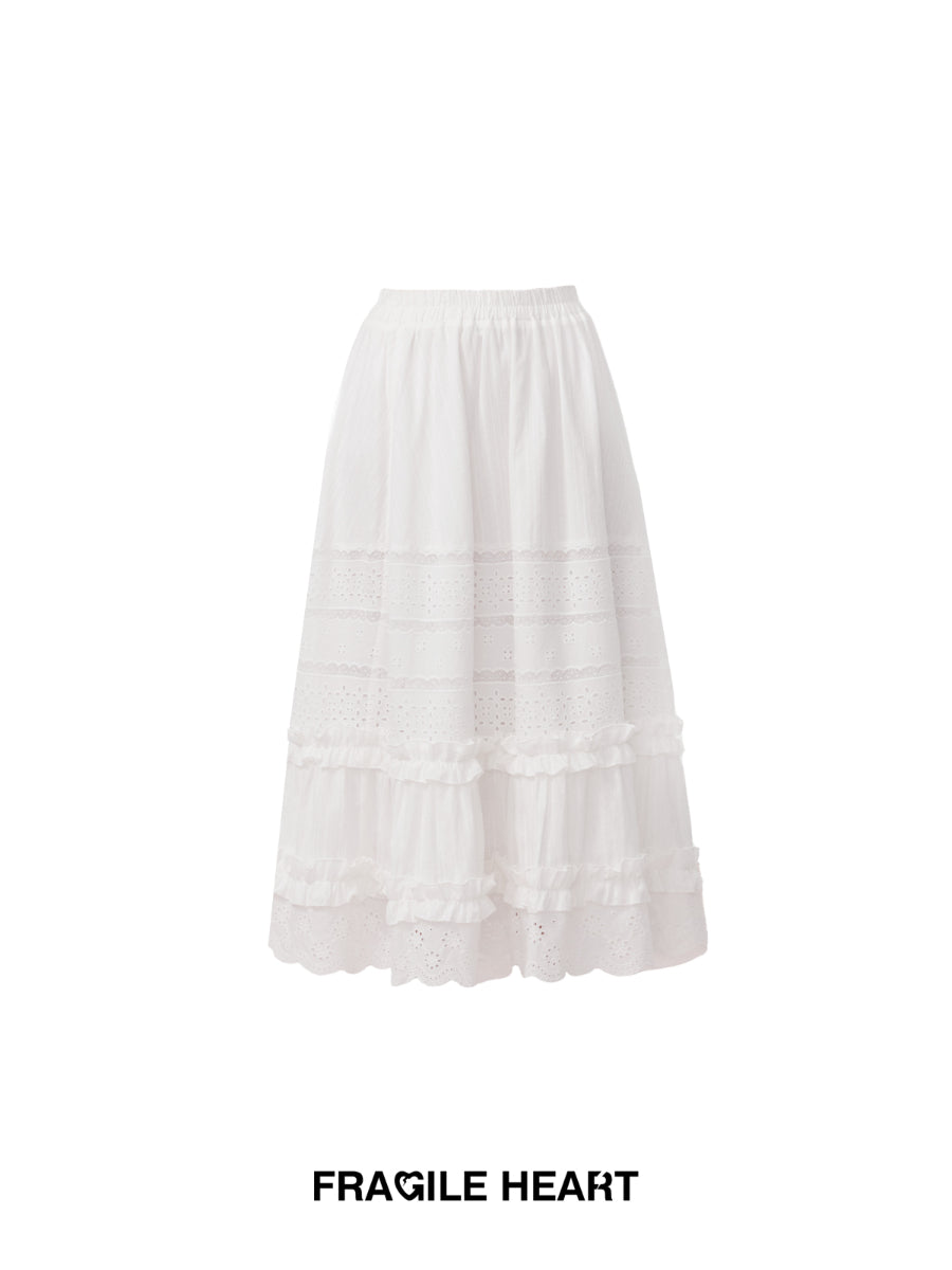 Lace Tiered Frill Feminine Puff-Sleeve Short-Blouse＆Long-Skirt