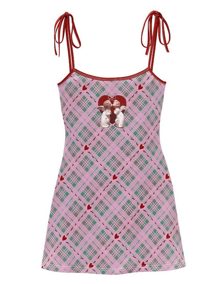 Checked Ribbon Girly Cute Camisole Dress