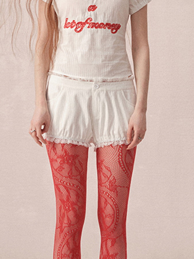 Casual Puff-Sleeve Lace Ribbon Casual T-Shirt＆Short-Pants