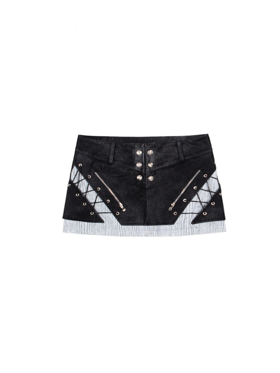 Gothic Lace-Up Mix Leather Casual Mini-Skirt＆Leg-Warmer