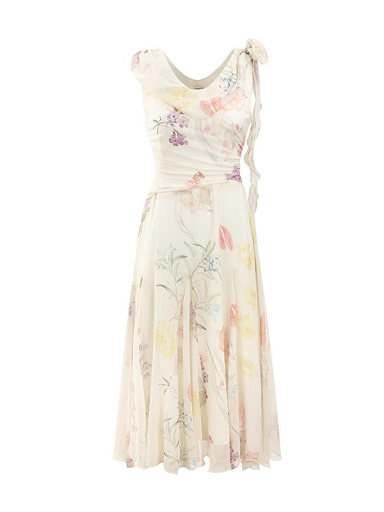 Watercolor Flower Retro Drape Long No-Sleeve Dress