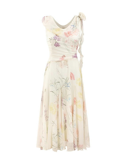 Watercolor Flower Retro Drape Long No-Sleeve Dress