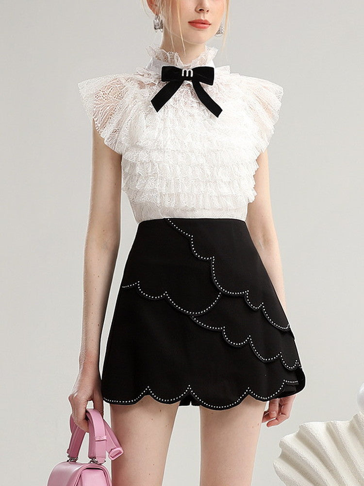 Set-Up Chic Scallop Tiered Feminine Lace-Blosue&amp;Mini-Skirt