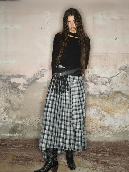 Tiered Asymmetry Checked Girly Nichi Long-Skirt