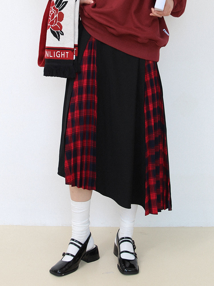 Checked Mix Asymmetry Pleats Girly Cat Pullover＆Long-Skirt