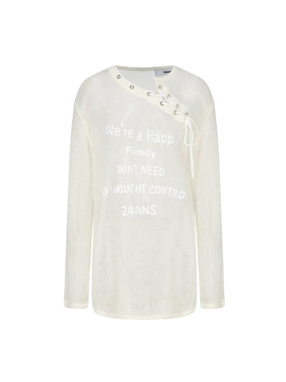 Mesh See-Through Asymmetry Lace-Up Oversize Tops