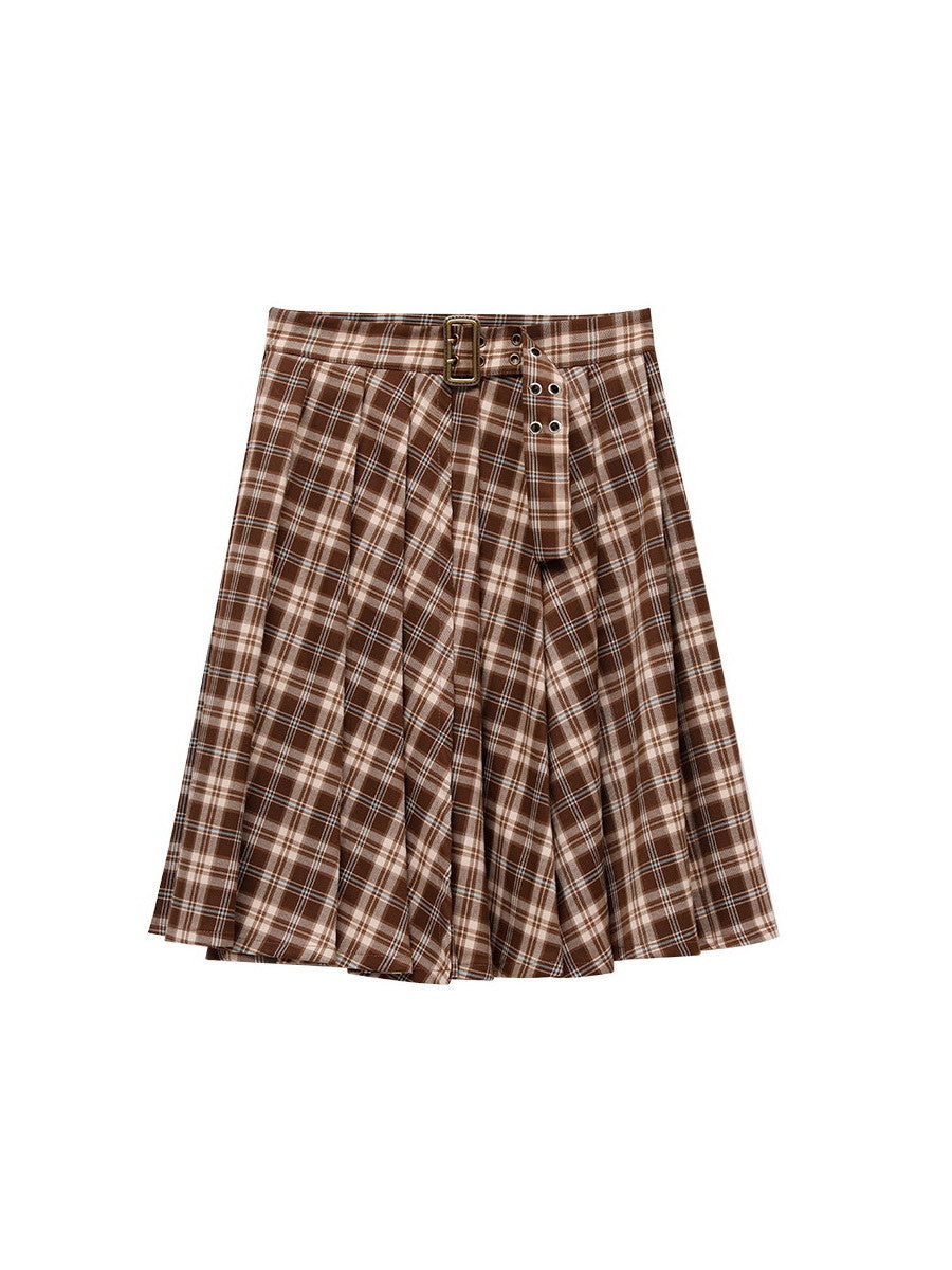 Casual Checked Retro Pleats Retro Flare Skirt