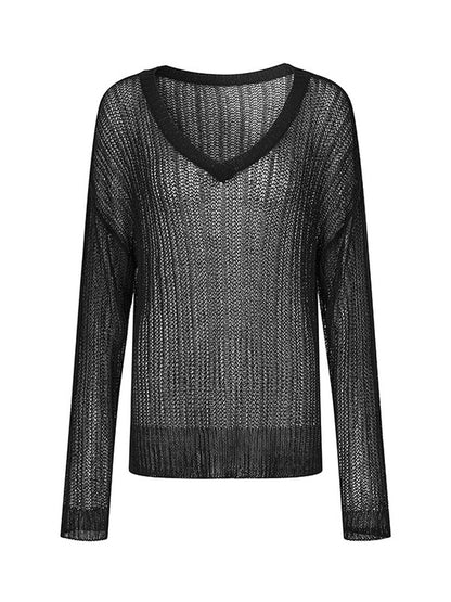 Sheer Oversize V-Neck Loose Long-Sleeve Summer-Knit