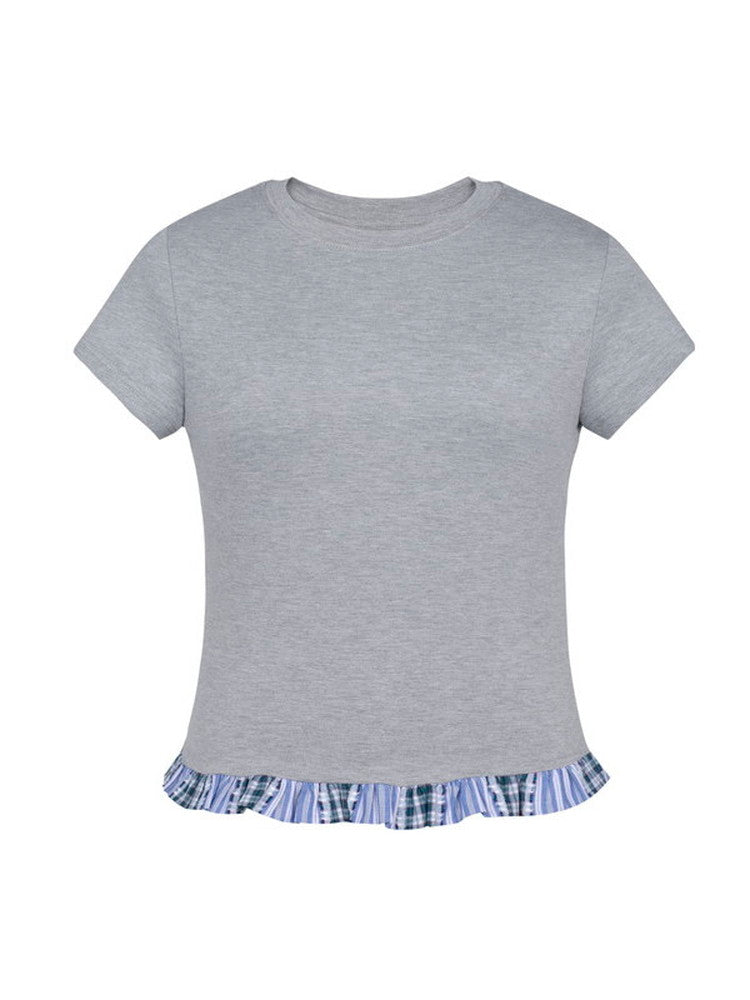 Hem-Frill Cute Slim Crew-Neck Dot Checked T-Shirt