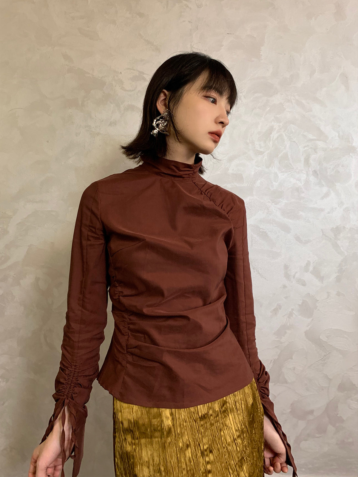 High-Neck Drawstring Gather Plain Blouse