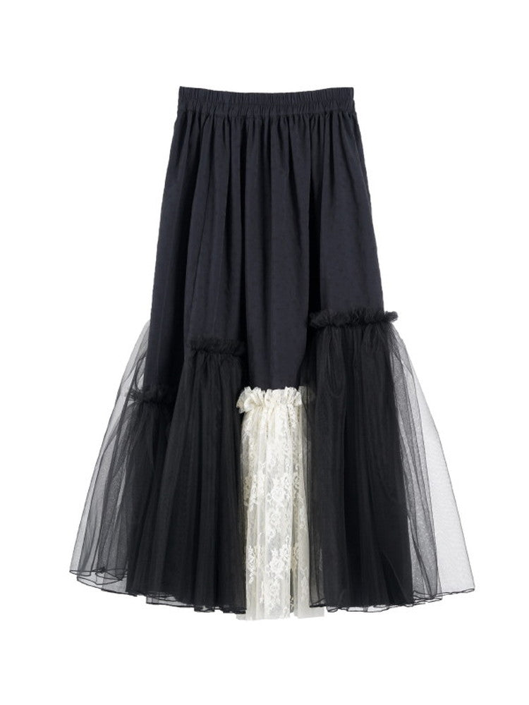 Ciffon Tie-Dye Mix Tulle Elastic-Waist Long-Skirt