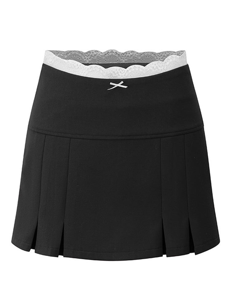 Pleats Simple Plain Lace Mini-Skirt