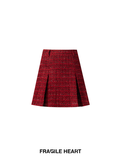 Wool Checked Retro Girly Suit Fur Ribbon Set-Up Jacket＆Mini-Skirt