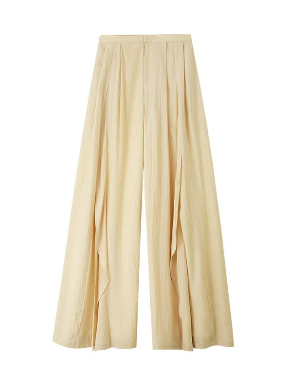 Natural Slit Wide-Leg Wrinkled Plain Flare-Pants