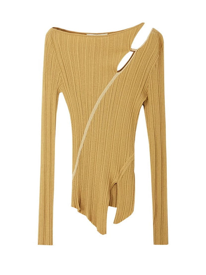 Asymmetry Nichi Slim Slit Casual Unique Rib-Knit