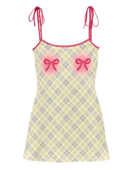 Checked Ribbon Girly Cute Camisole Dress