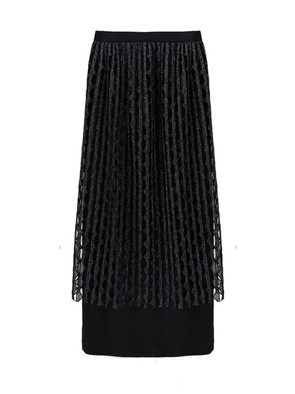 Sparkly Mesh Knit Unique Nichi Plain Satin Long-Skirt