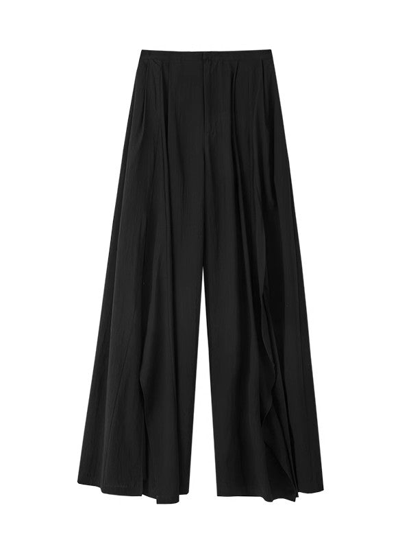 Natural Slit Wide-Leg Wrinkled Plain Flare-Pants