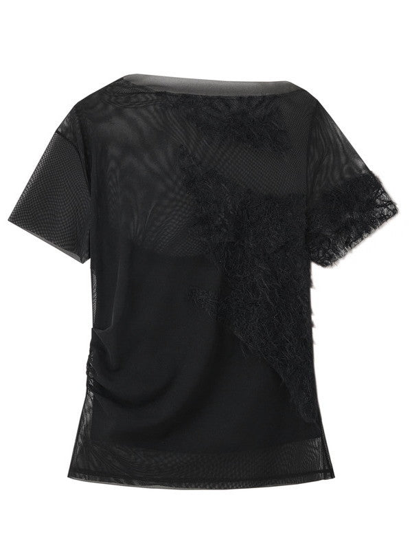 Asymmetry Sheer Mesh Nichi Lace Elegamt Chic Tops