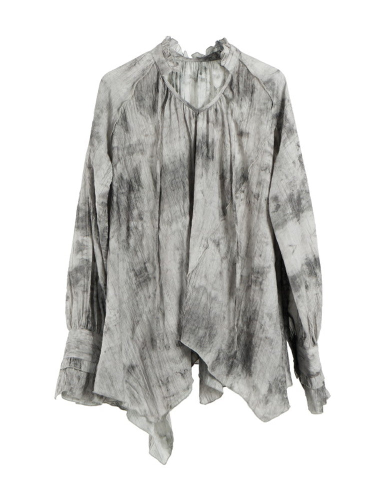 Asymmetry Tie-Dye Plain Unique Frill Loose Blosue