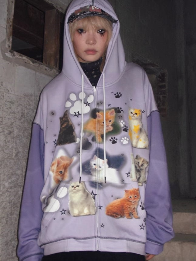 Cat Imprimer à capuche zip-up Sweat