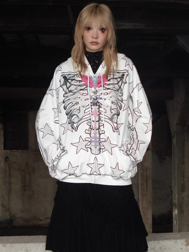 Star Skull Printed Loose ZIP-Up Parka