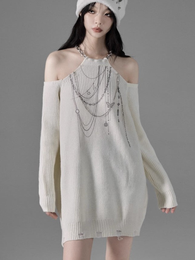 Halter Chain Design Cut-Shoulder Sweater