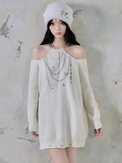 Halter Chain Design Cut-Shoulder Sweater