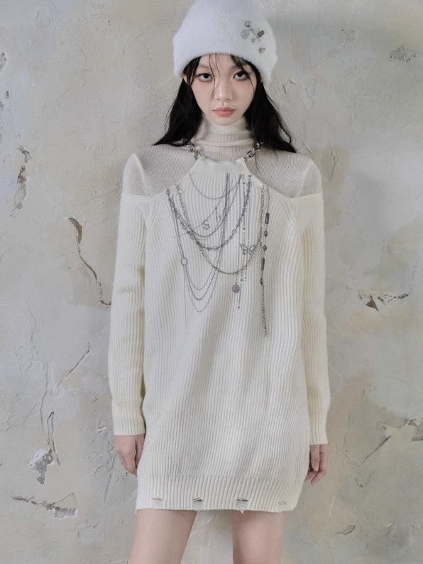 Halter Chain Design Cut-Shoulder Sweater