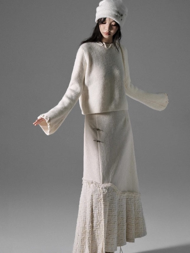 Bell Sleeve Crochet Round Neck Knitted Pullover