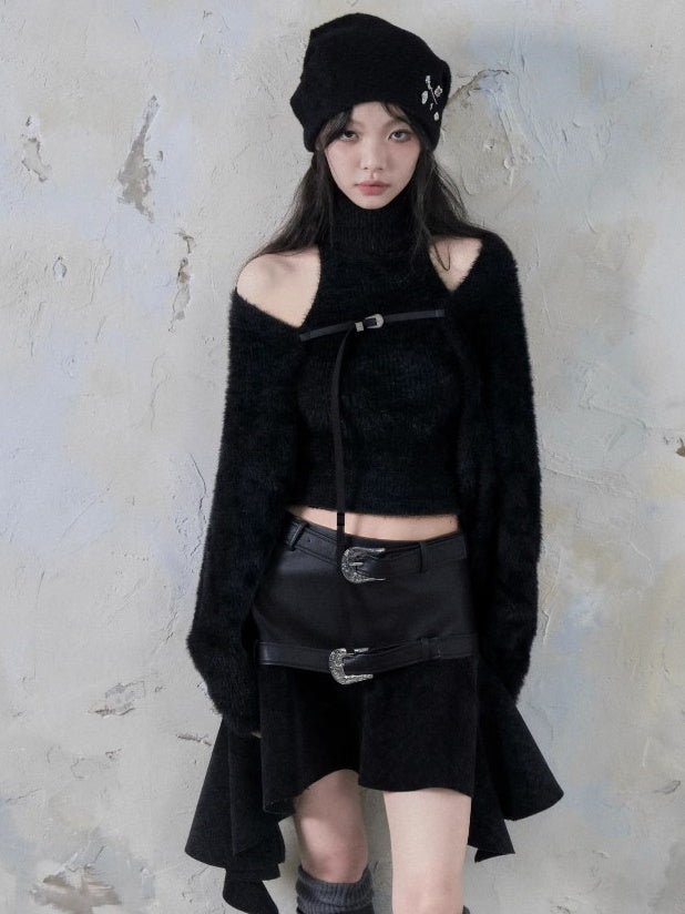 Turtle Neck Sleeveless Sweater ＆ Knitted Shawl Cardigan Set-up