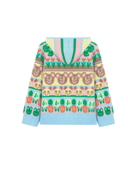 Colorful Border Knitted Hooded Zipper Cardigan