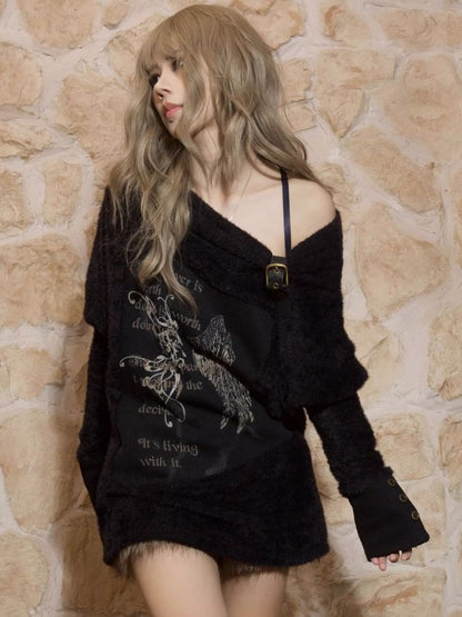 Printed Bat Sleeve Loose Knitted Top