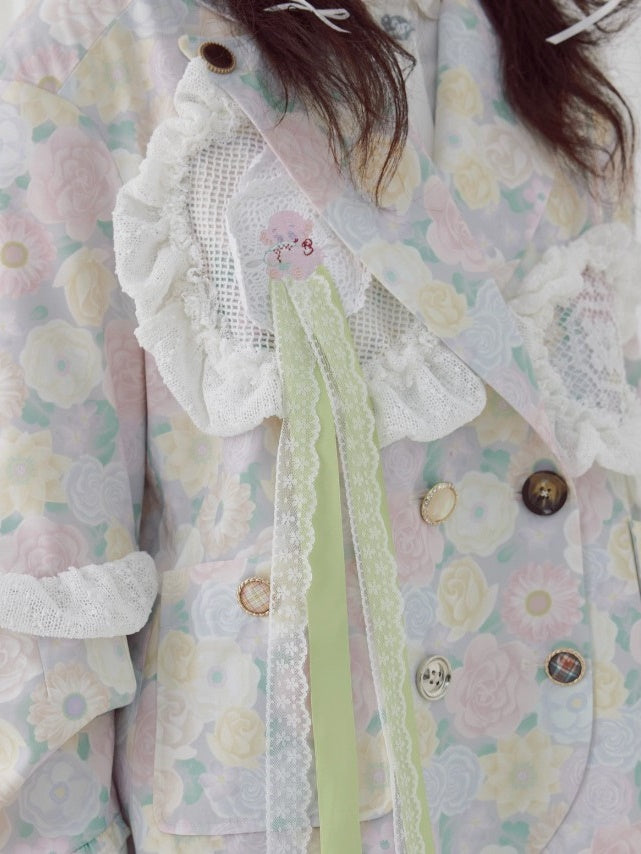 Floral Printed Shoulder Pads Lace Jacket