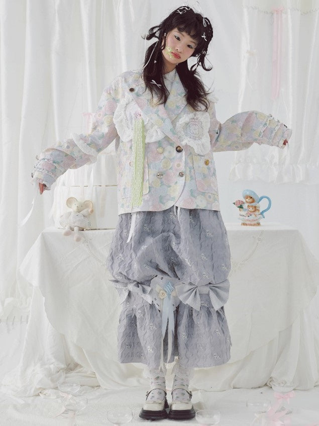 Floral Printed Shoulder Pads Lace Jacket