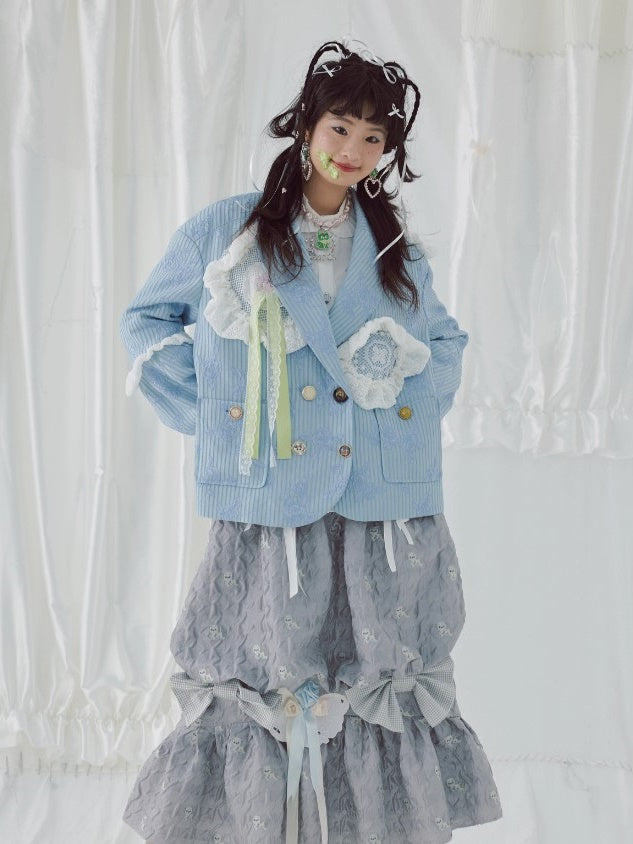 Oversize Lace Stitch Floral Stripe Design Jacket