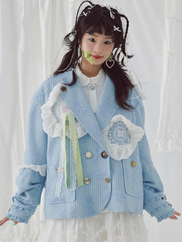 Oversize Lace Stitch Floral Stripe Design Jacket