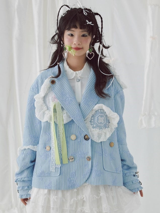 Oversize Lace Stitch Floral Stripe Design Jacket