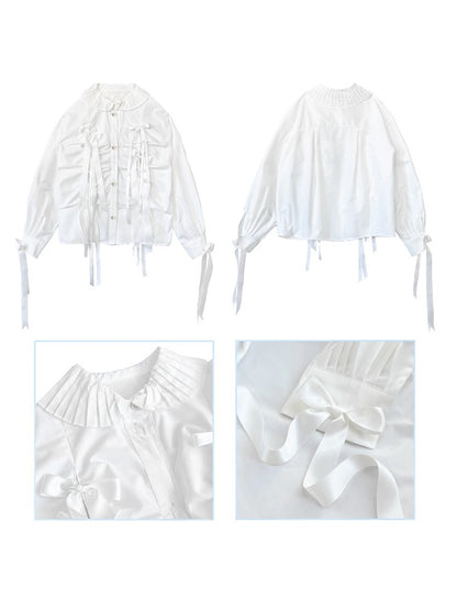 Ribbon Pleated Cute Metal Button Shirt