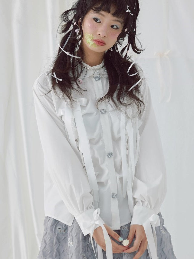 Ribbon Pleated Cute Metal Button Shirt