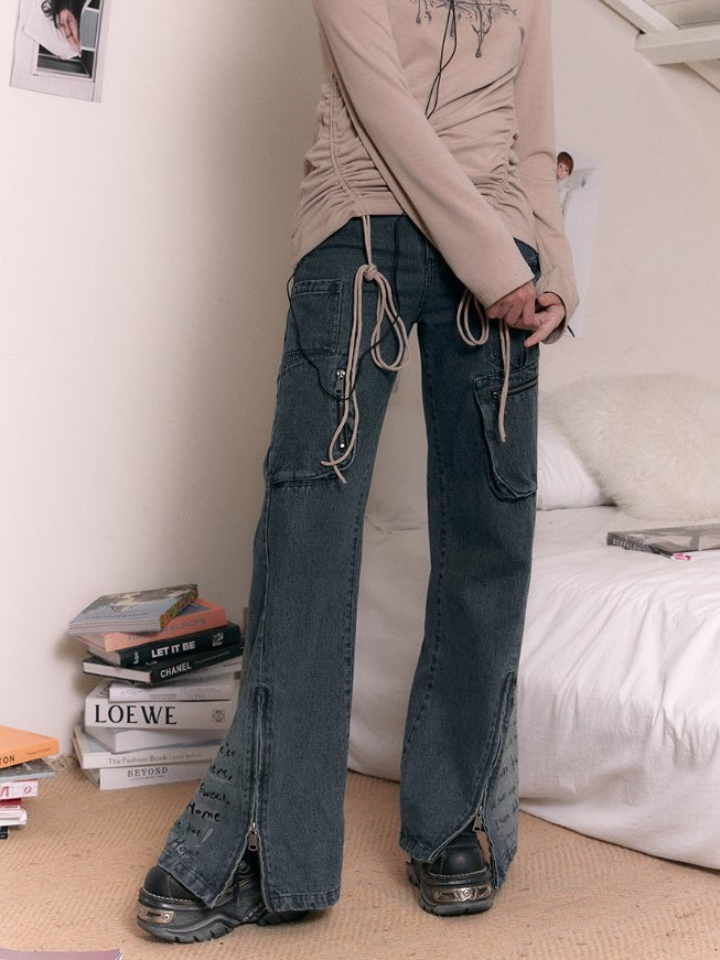 Printing Old Zipper Flare Jeans