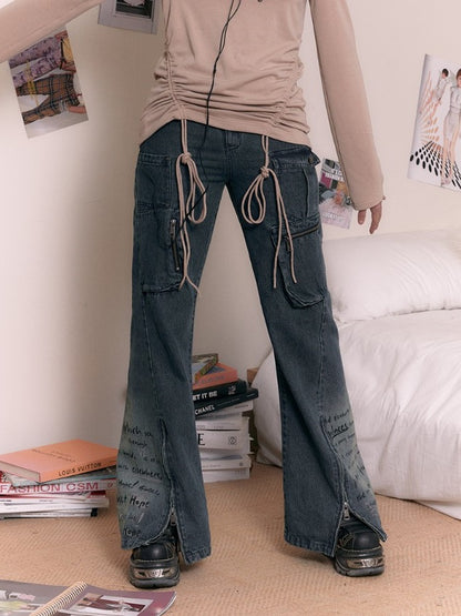 Printing Old Zipper Flare Jeans