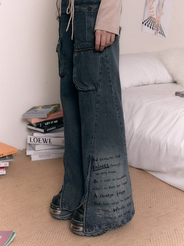 Printing Old Zipper Flare Jeans