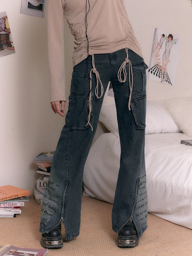 Printing Old Zipper Flare Jeans